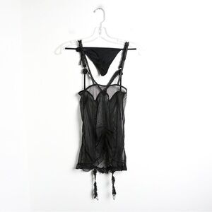 Black mesh lingerie set sexy gothic underwear G-string panties babydoll camisole